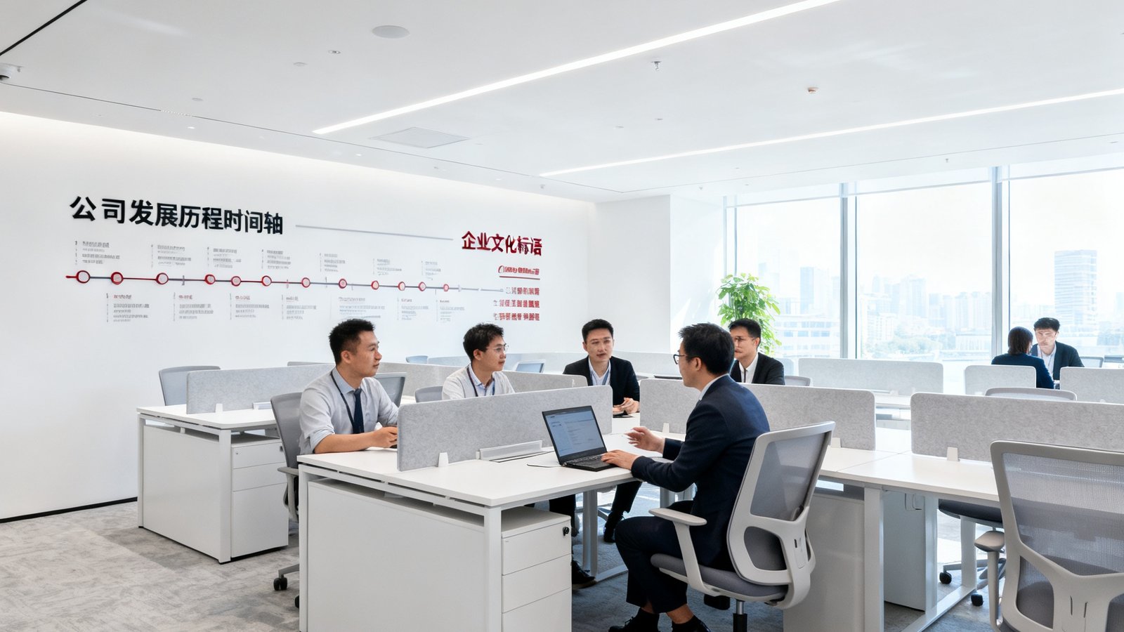 DB旗舰上海总部办公空间内景，开放式工位区域采光明亮，墙面展示着公司发展历程时间轴与企业文化标语，员工正在协作讨论