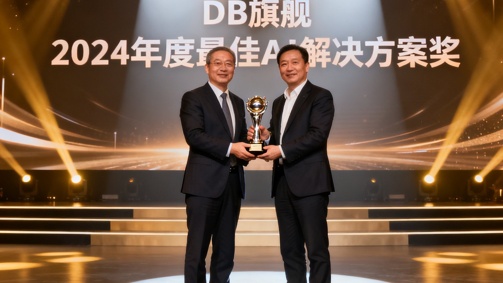 DB旗舰代表在颁奖典礼上领取2024年度最佳AI解决方案奖杯，舞台灯光璀璨，背景屏幕展示获奖企业名称