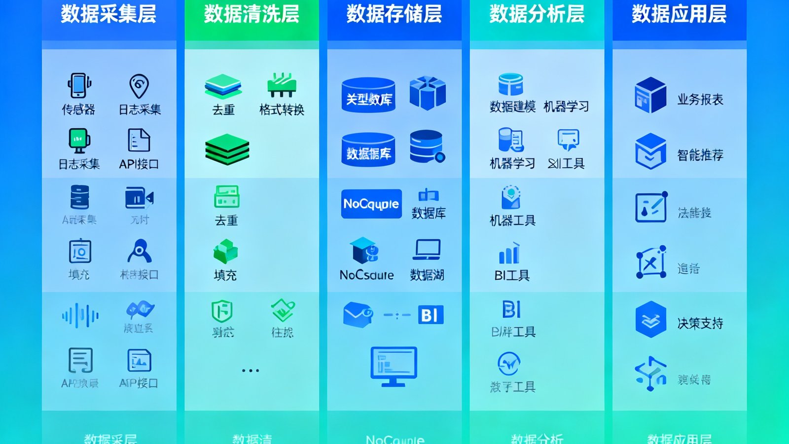 企业级数据中台架构全景图，展示从数据采集、清洗、存储到分析应用的分层架构，各层用不同色块区分